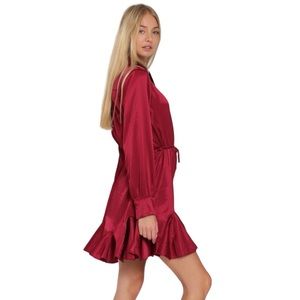 NWT Aakaa Burgundy Mini Dress Long Sleeve Button Down W/ Waist Front Tie Size S